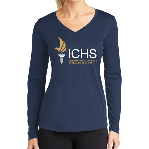  Womens Navy Performance Long Sleeve V Neck Shirt - Primary Logo