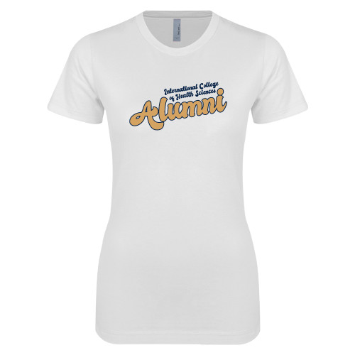  Next Level Womens White Boyfriend Tee - Alumni Vintage Script