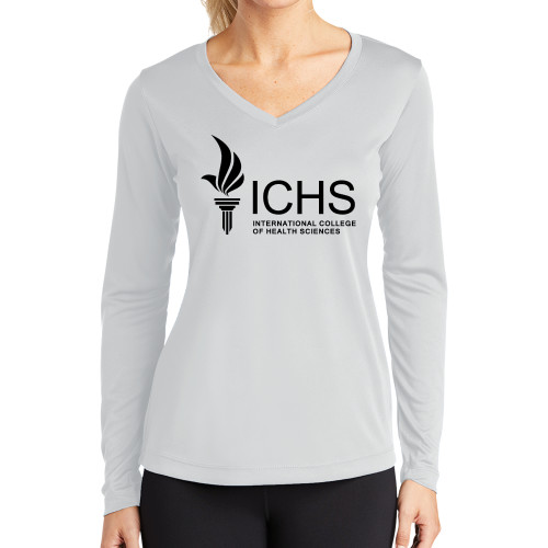  Womens White Performance Long Sleeve V Neck Shirt - Primary Logo One Color