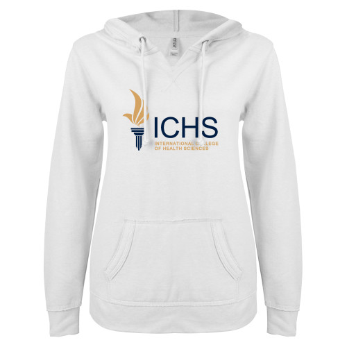  ENZA Womens White V Notch Raw Edge Fleece Hoodie - Primary Logo