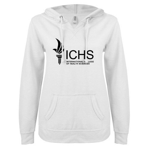  ENZA Womens White V Notch Raw Edge Fleece Hoodie - Primary Logo One Color