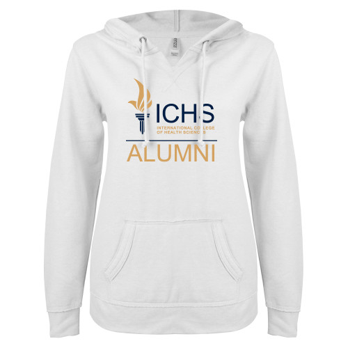  ENZA Womens White V Notch Raw Edge Fleece Hoodie - Alumni