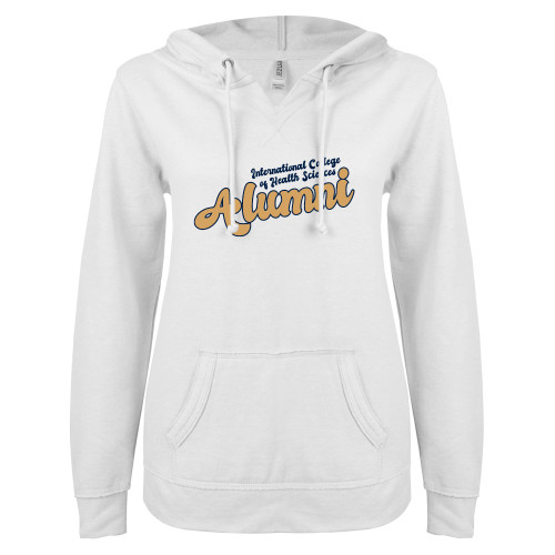  ENZA Womens White V Notch Raw Edge Fleece Hoodie - Alumni Vintage Script