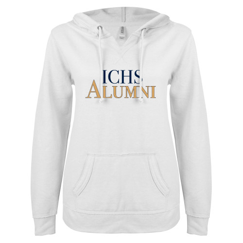  ENZA Womens White V Notch Raw Edge Fleece Hoodie - ICHS Alumni