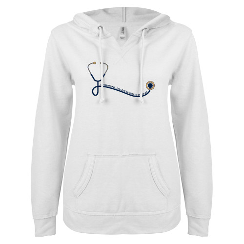  ENZA Womens White V Notch Raw Edge Fleece Hoodie - Stethoscope Design