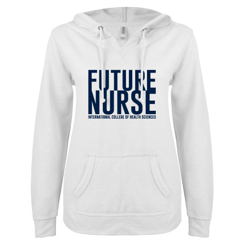  ENZA Womens White V Notch Raw Edge Fleece Hoodie - Future Nurse