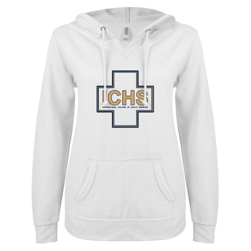  ENZA Womens White V Notch Raw Edge Fleece Hoodie - ICHS in Medical Cross