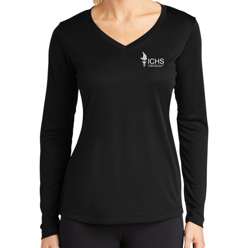  Womens Black Performance Long Sleeve V Neck Shirt - Primary Logo