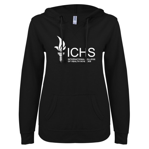 ENZA Womens Black V Notch Raw Edge Fleece Hoodie - Primary Logo