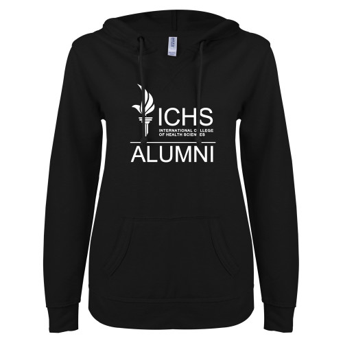  ENZA Womens Black V Notch Raw Edge Fleece Hoodie - Alumni