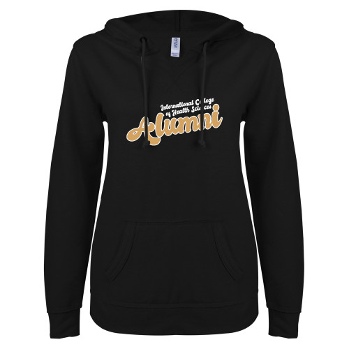  ENZA Womens Black V Notch Raw Edge Fleece Hoodie - Alumni Vintage Script