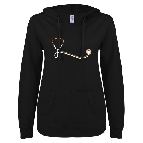  ENZA Womens Black V Notch Raw Edge Fleece Hoodie - Stethoscope Design