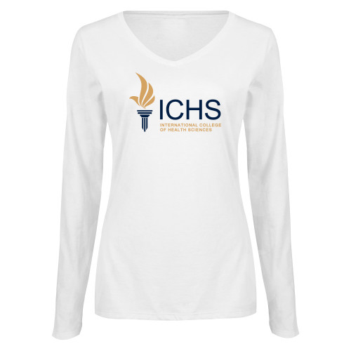  Womens White Long Sleeve V Neck Tee - Primary Logo