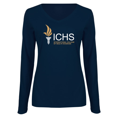  Womens Navy Long Sleeve V Neck Tee - Primary Logo