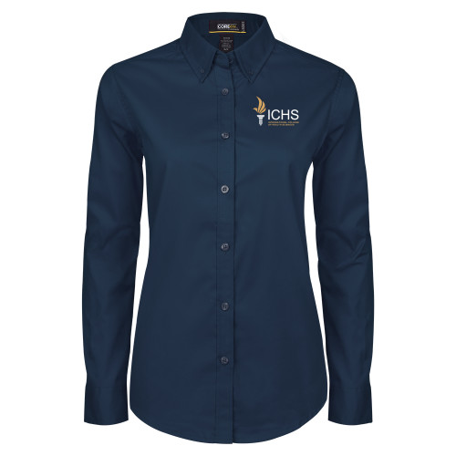  Womens Navy Twill Button Down Long Sleeve  - Primary Logo