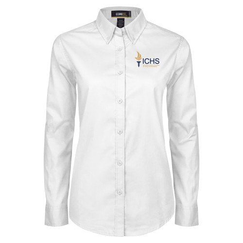  Womens White Twill Button Down Long Sleeve - Primary Logo