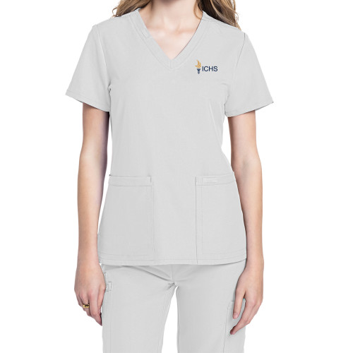 Womens White Ultra V Neck Scrub Top - Embroidery Logo