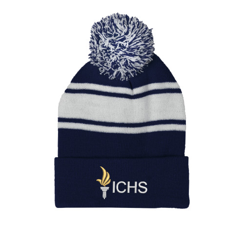 Navy/White Two Tone Knit Pom Beanie w/Cuff - Embroidery Logo