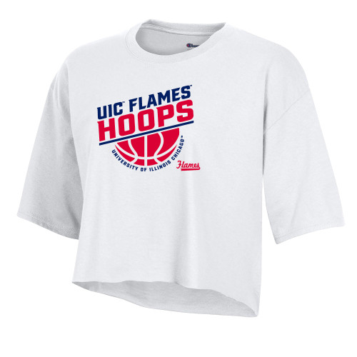  Champion Womens White Crop Tee - UIC Flames Hoops