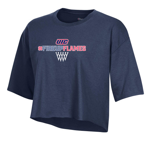  Champion Womens Navy Crop Tee - Hashtag with Basketball Net