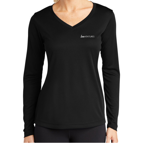 Womens Black Performance Long Sleeve V Neck Shirt-InnVentures