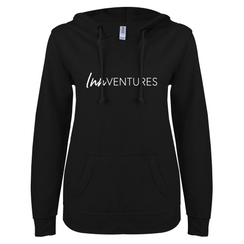 ENZA Womens Black V Notch Raw Edge Fleece Hoodie-InnVentures