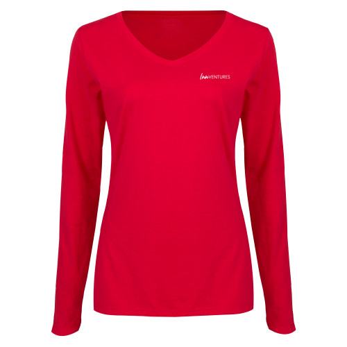 Womens Red Long Sleeve V Neck Tee-InnVentures