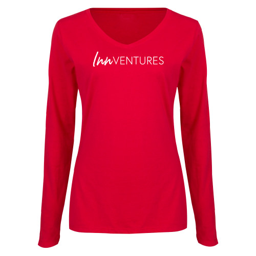 Womens Red Long Sleeve V Neck Tee-InnVentures