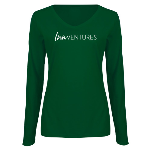 Womens Dark Green Long Sleeve V Neck Tee -InnVentures