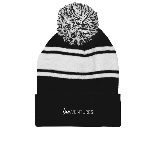 Black/White Two Tone Knit Pom Beanie w/Cuff-InnVentures