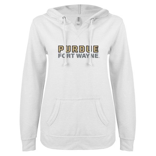  ENZA Womens White V Notch Raw Edge Fleece Hoodie - Purdue University Fort Wayne Primary Athletic Wordmark