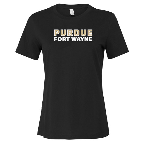  Bella + Canvas Womens Black Relaxed Cotton T Shirt - Purdue University Fort Wayne Primary Athletic Wordmark