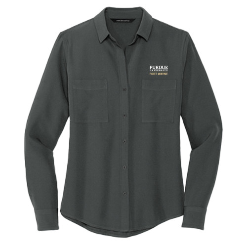  Mercer + Mettle Womens Grey Crepe Long Sleeve Camp Blouse - Purdue University Fort Wayne Primary Institutional Mark