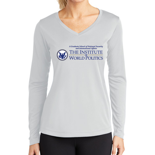  Womens White Performance Long Sleeve V Neck Shirt - Primary