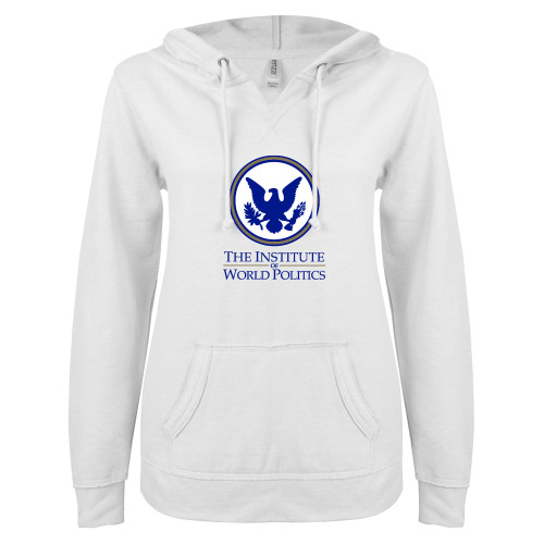  ENZA Womens White V Notch Raw Edge Fleece Hoodie - Primary Stack