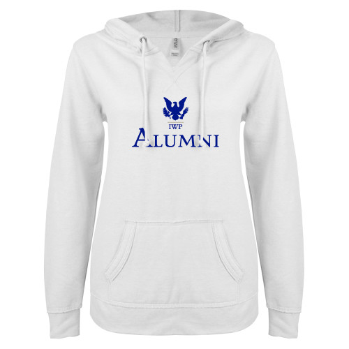  ENZA Womens White V Notch Raw Edge Fleece Hoodie - Alumni