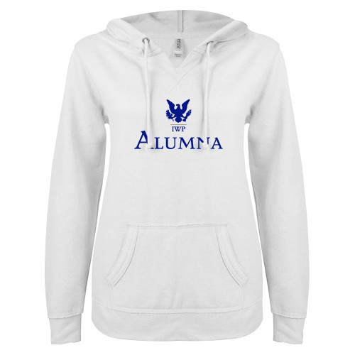  ENZA Womens White V Notch Raw Edge Fleece Hoodie - Alumna