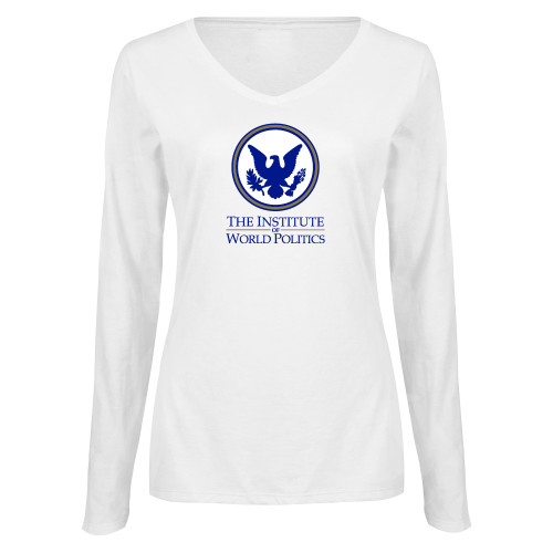  Womens White Long Sleeve V Neck Tee - Primary Stack