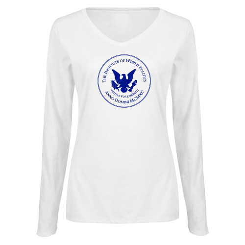  Womens White Long Sleeve V Neck Tee - IWP Seal