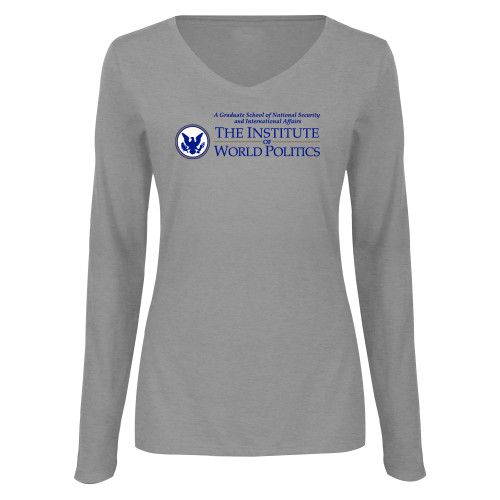  Womens Grey Long Sleeve V Neck Tee  - Primary