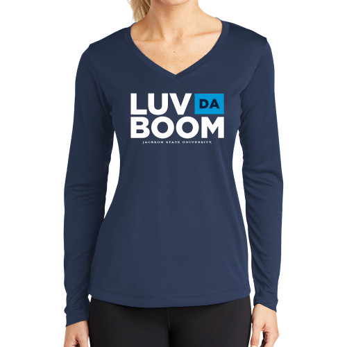  Womens Navy Performance Long Sleeve V Neck Shirt - Luv Da Boom