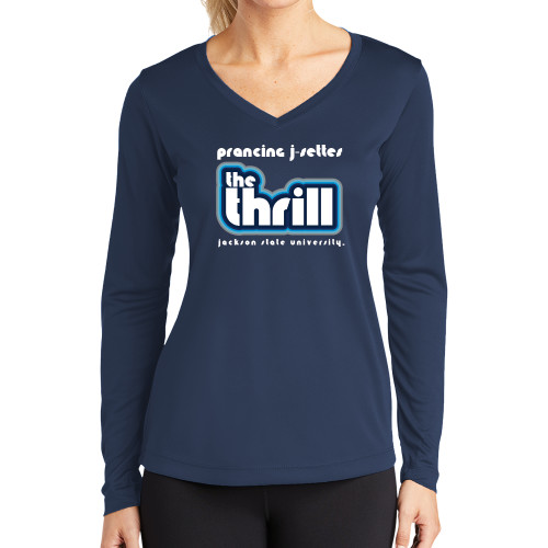  Womens Navy Performance Long Sleeve V Neck Shirt - The Thrill
