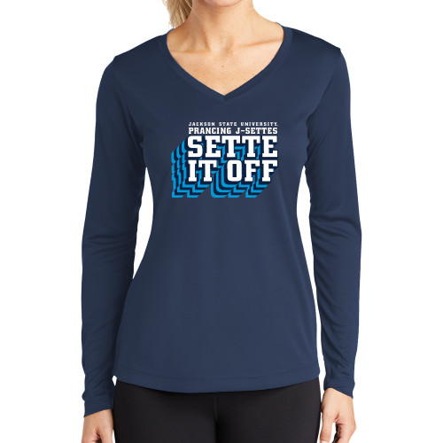  Womens Navy Performance Long Sleeve V Neck Shirt - Sette It Off