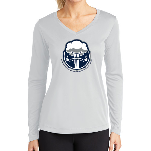  Womens White Performance Long Sleeve V Neck Shirt - Sonic Boom Smoke