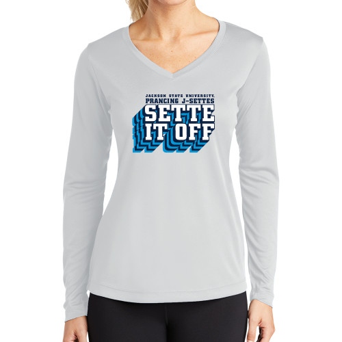  Womens White Performance Long Sleeve V Neck Shirt - Sette It Off