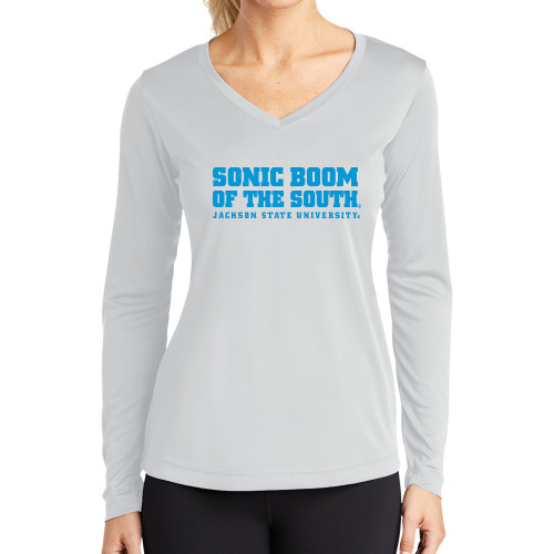  Womens White Performance Long Sleeve V Neck Shirt - Sonic Boom of the South