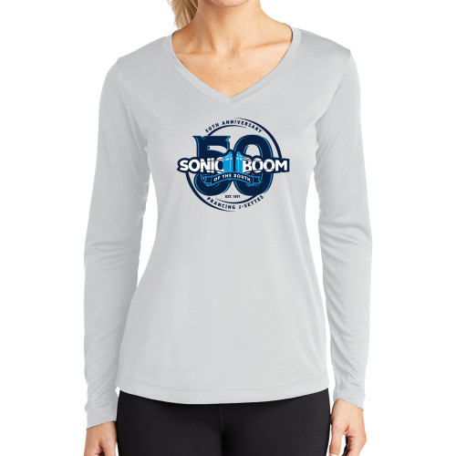  Womens White Performance Long Sleeve V Neck Shirt - 50th Anniversary