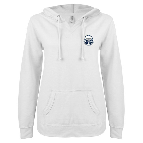  ENZA Womens White V Notch Raw Edge Fleece Hoodie - Sonic Boom Smoke