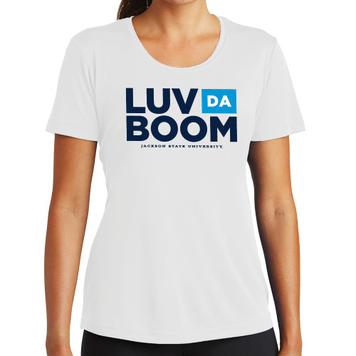  Womens White Performance Tee - Luv Da Boom