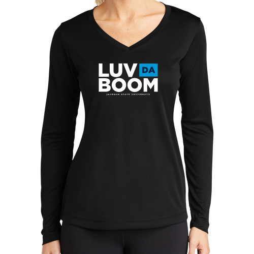  Womens Black Performance Long Sleeve V Neck Shirt - Luv Da Boom